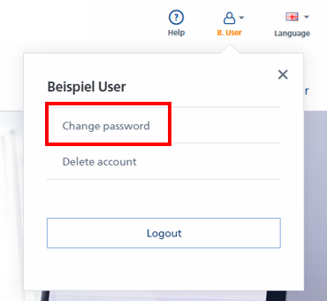 A interface do usuário mostra opções para "Alterar senha", "Excluir conta" e "Sair" para o usuário "Exemplo de Usuário".