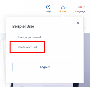 Texto: "Interface do usuário com opções para 'Alterar senha' e 'Excluir conta' em letras vermelhas.