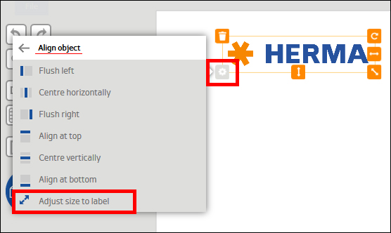 Menü zur Ausrichtung von Objekten mit Optionen wie "Links ausrichten" und "Größe an Etikett anpassen", neben dem Wort "HERMA".