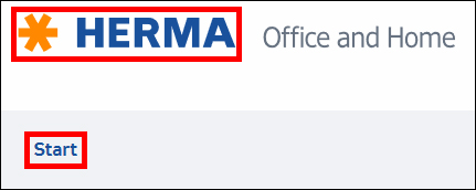 Logo von HERMA mit dem Text "Office and Home" und einem hervorgehobenen Button "Start".