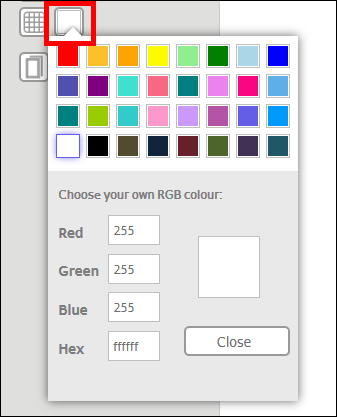 Farbauswahlfenster mit verschiedenen Farboptionen und RGB-Werten für die Anpassung von Farben. Schaltfläche zum Schließen des Fensters.