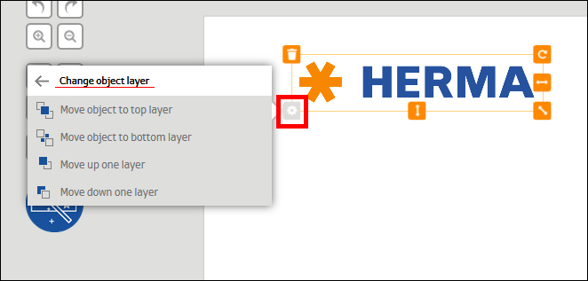 Menü zur Änderung der Objektebene mit Optionen zum Verschieben von Objekten in einem grafischen Designprogramm. Das Wort "HERMA" ist hervorgehoben.