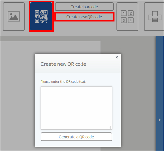Fenster zur Erstellung eines neuen QR-Codes mit Eingabefeld für den QR-Code-Text und Schaltfläche zum Generieren des Codes.