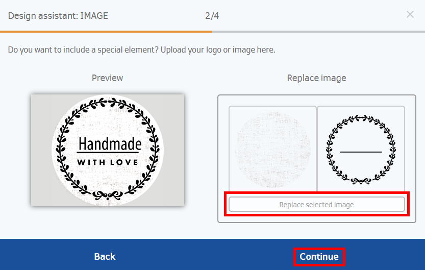 Ein runder Aufkleber mit dem Text "Handmade with Love" umgeben von einem dekorativen Kranz. Schaltfläche "Continue" hervorgehoben.