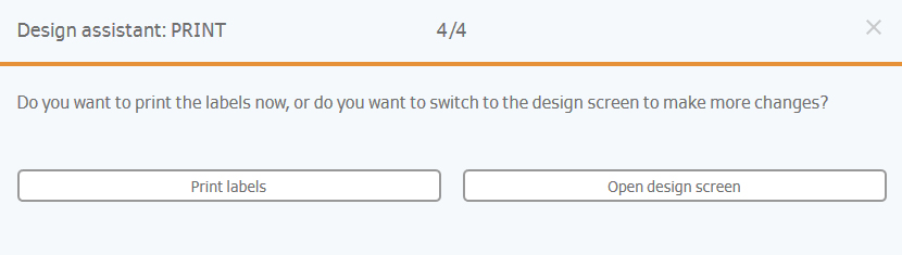 Designassistent: Druck, mit Optionen zum Drucken von Etiketten oder zum Öffnen des Designbildschirms für weitere Änderungen.