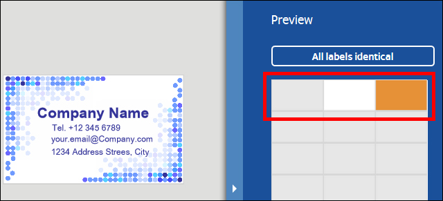 Visitenkarte mit Unternehmensinformationen, einschließlich Name, Telefonnummer und Adresse, neben einer Vorschau von Etiketten.