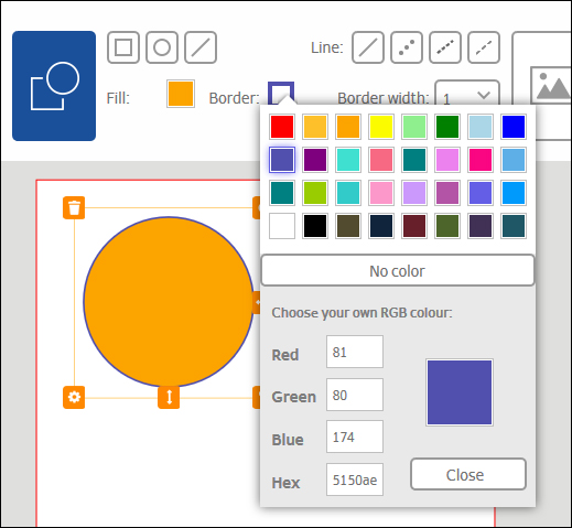 Ein orangefarbener Kreis wird in einer grafischen Benutzeroberfläche angezeigt, zusammen mit Farboptionen und RGB-Wertfeldern.