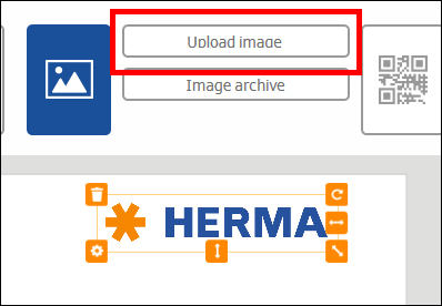 Schaltfläche zum Hochladen von Bildern mit dem Text "HERMA" und verschiedenen Symbolen darunter.
