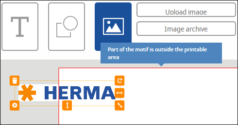 Ein Benutzeroberflächenbereich zeigt das Wort "HERMA" und eine Warnung, dass ein Teil des Motivs außerhalb des druckbaren Bereichs liegt.