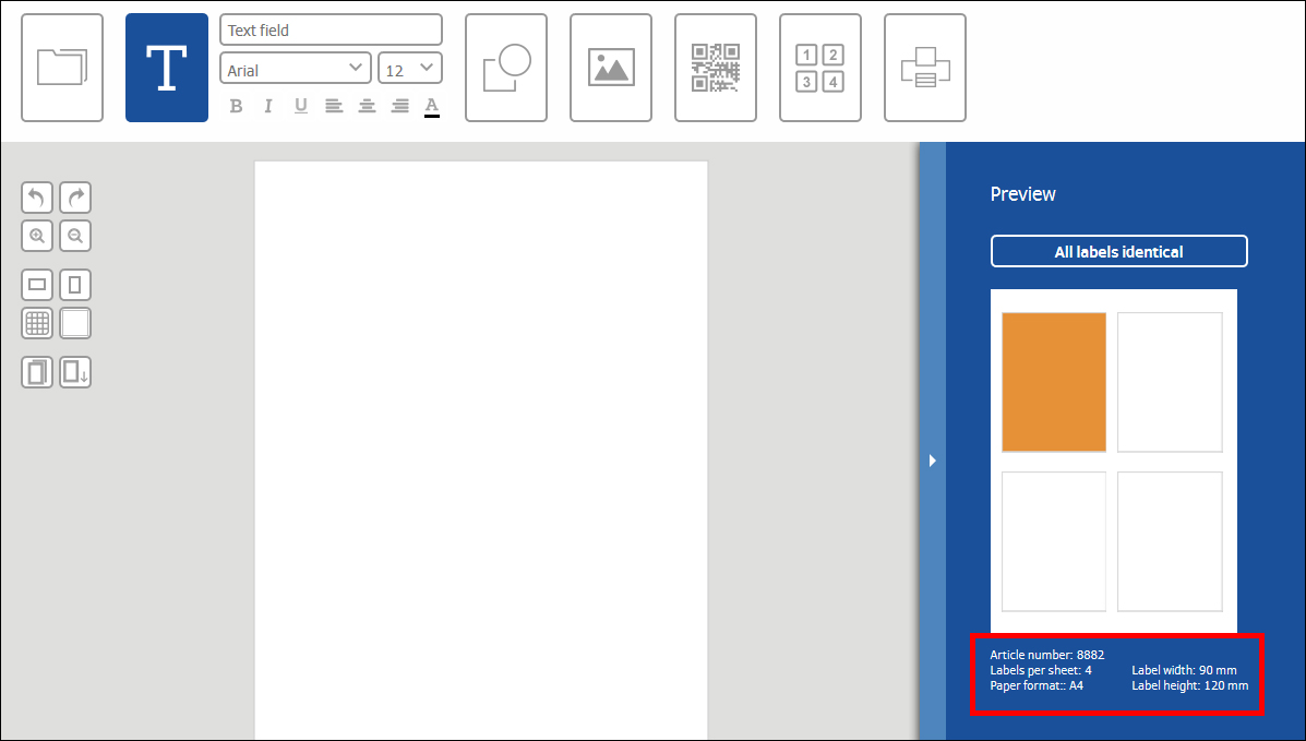 Vorschau eines Etikettendesign-Tools mit leeren Etiketten und Details zu Artikelnummer, Etikettengröße und Papierformat.