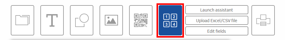 Schaltfläche mit vier Kästchen in blauer Farbe, umgeben von weiteren Symbolen für verschiedene Funktionen wie Datei-Upload und QR-Code.