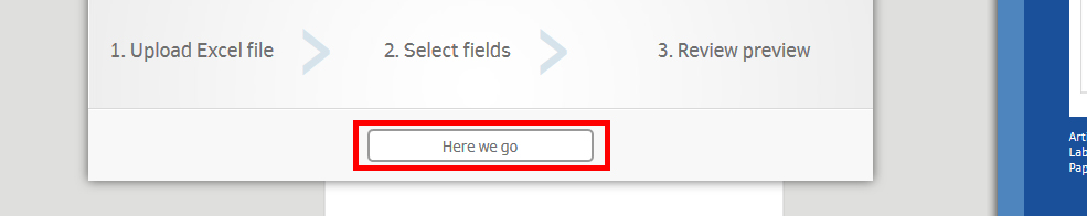 Schritte zur Datenverarbeitung: Upload einer Excel-Datei, Auswahl der Felder und Überprüfung der Vorschau. Schaltfläche "Hier geht's".