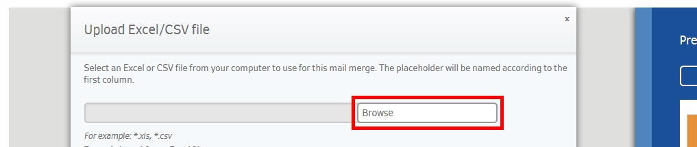 Feld zum Hochladen einer Excel- oder CSV-Datei mit einem hervorgehobenen "Durchsuchen"-Button. Anweisungen zur Dateiauswahl sind sichtbar.