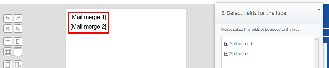 Zwei rot umrandete Felder für den Seriendruck, beschriftet mit „Mail merge 1“ und „Mail merge 2“, in einem Dokumentenbearbeitungsprogramm.
