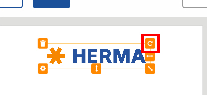Das Wort "HERMA" in blauer Schrift, umgeben von orangefarbenen Symbolen, darunter ein rotes "C" in einem Kästchen.