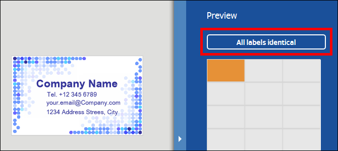 Visitenkarte mit Firmenname, Kontaktdaten und Adresse. Auf der rechten Seite eine Vorschau mit der Option "Alle Etiketten identisch".