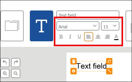 Textfeld mit Schriftart- und Größenoptionen, einschließlich Formatierungswerkzeugen wie Fett, Kursiv und Ausrichtung.