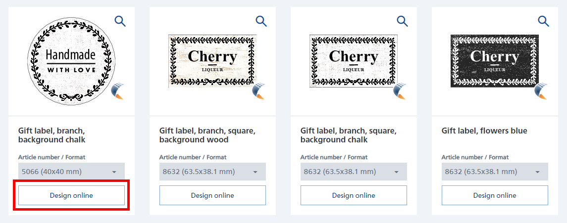 Geschenkanhänger mit verschiedenen Designs: "Handmade with love", "Cherry" und Blumenmuster. Option zum Online-Design.